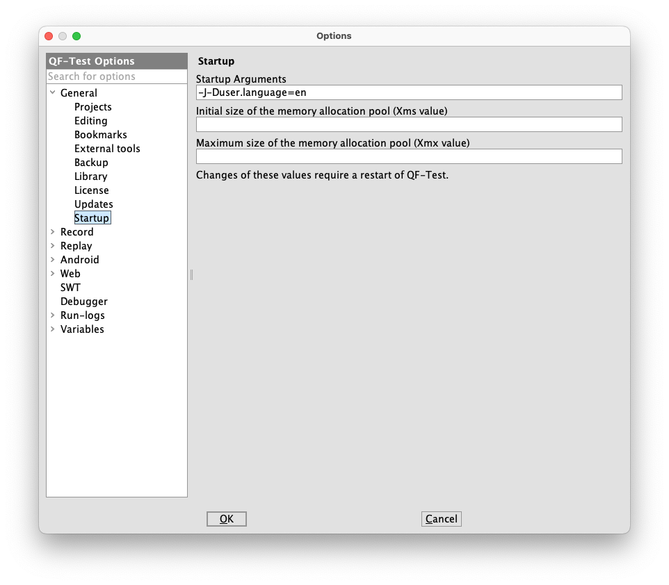 Screenshot of the QF-Test settings window section "Startup".