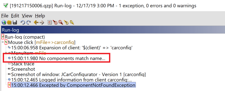 QF-Test ComponentNotFoundException Runlog Message